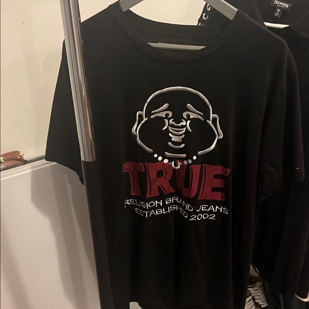 True Religion Black Tee with Red and White Graphic